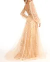 Glittery Sequin Print Puff Sleeve V Neck Gown