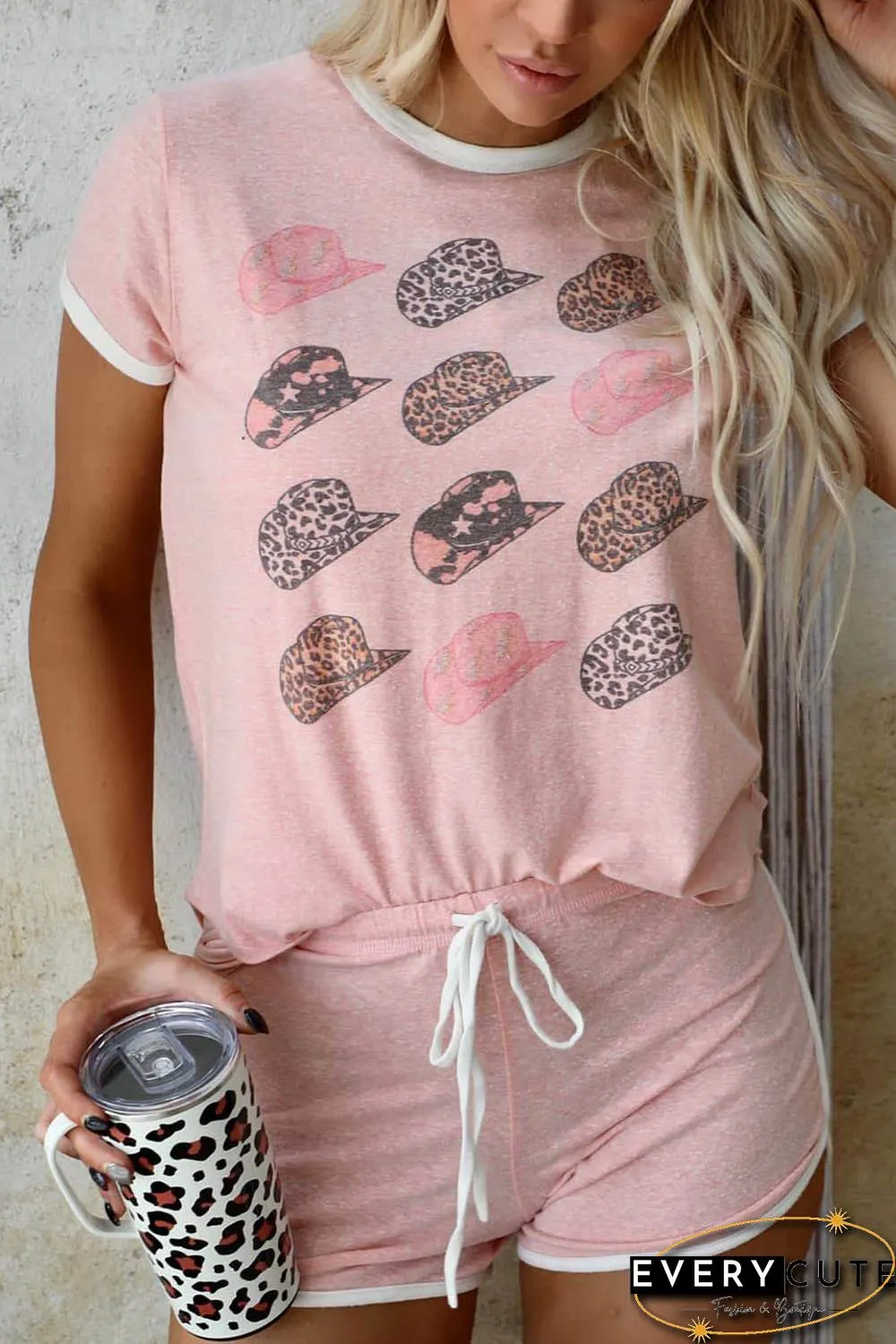 Pink Leopard Hat Print Short Sleeve T Shirt and Drawstring Shorts Loungewear