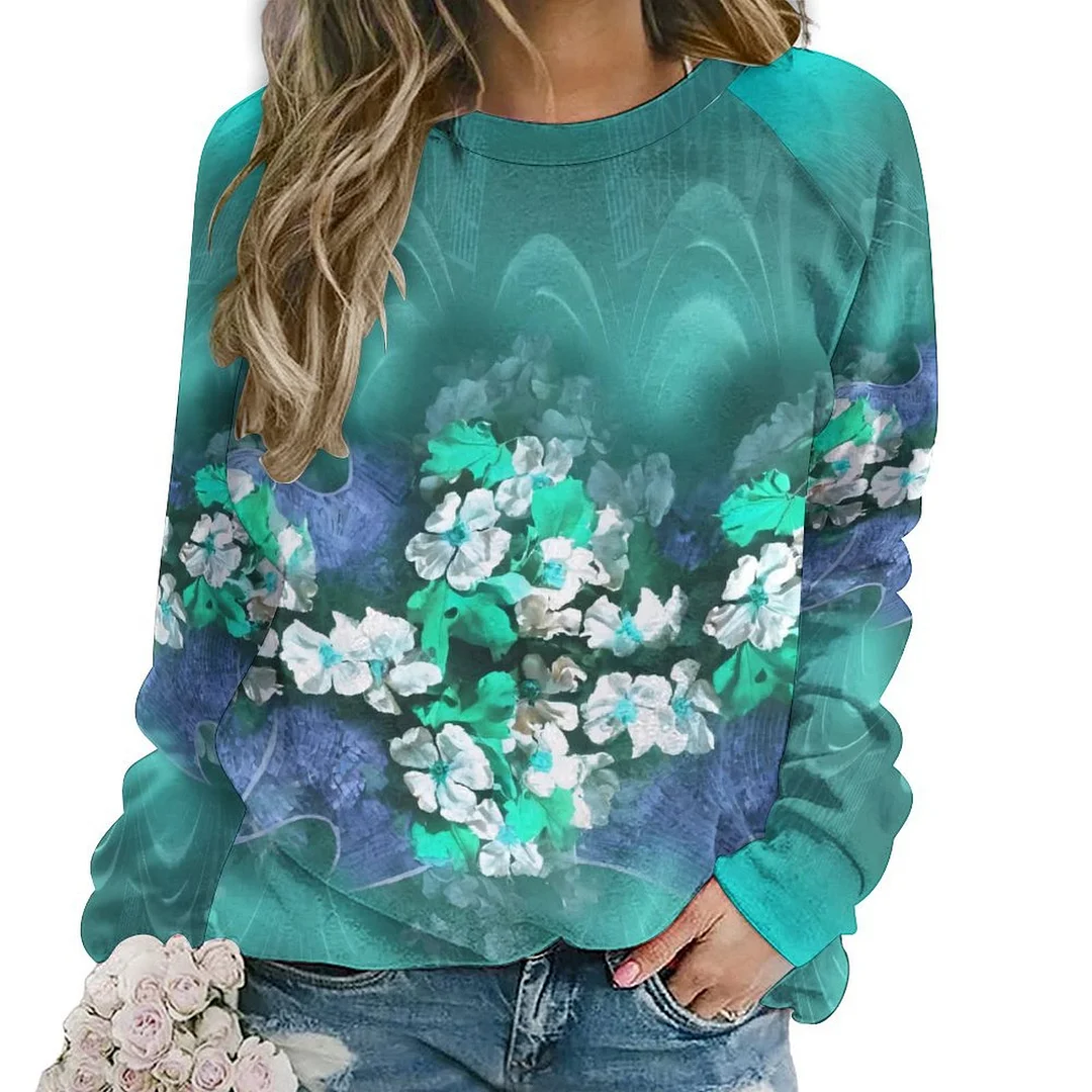 Printed Long Sleeve Casual Sweatshirt for  Women and Men Unisex Pattern Turquoise, Floral, Rose