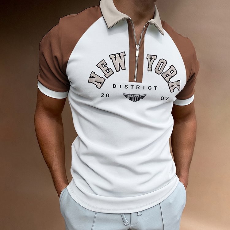 New York Printing Contrast Short Sleeve Zipper Men's Casual Polo Shirt