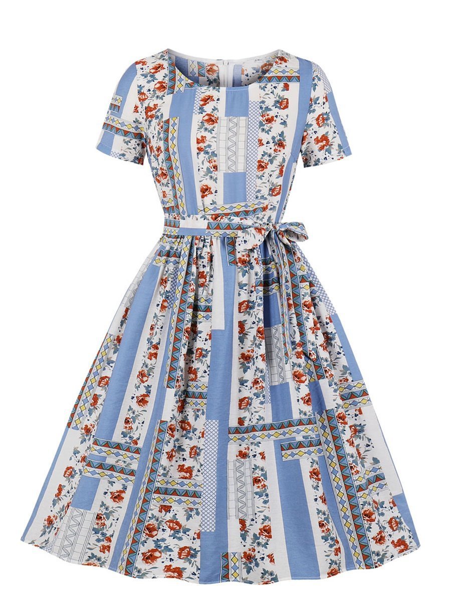 1950s Dress Floral Short Sleeve Sash Design Swing Dress