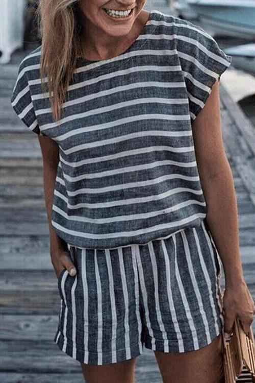 Fashion Print With Striped Backless Jumpsuit-elleschic