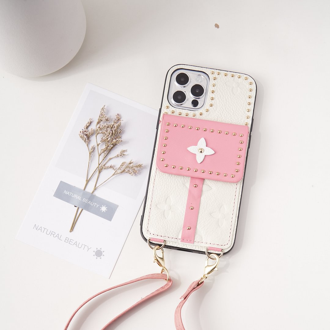 Luxury Leather Insert Card Phone Case with Cross-body Chain