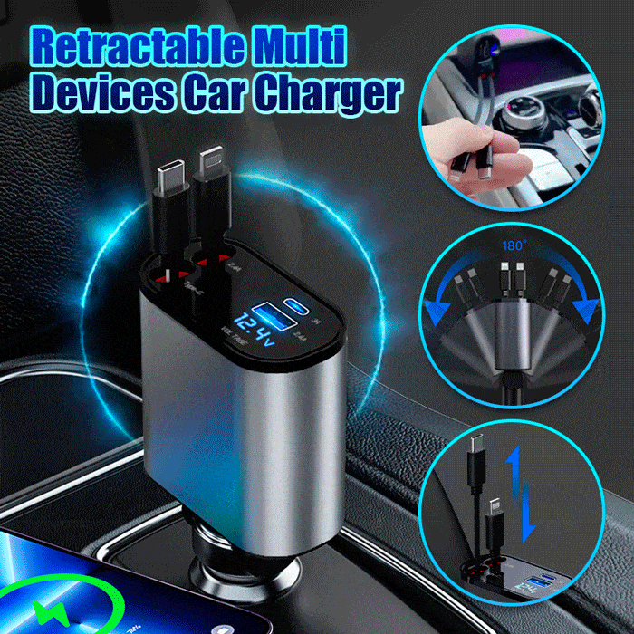  Car Charger with Retractable Cords for Multiple
