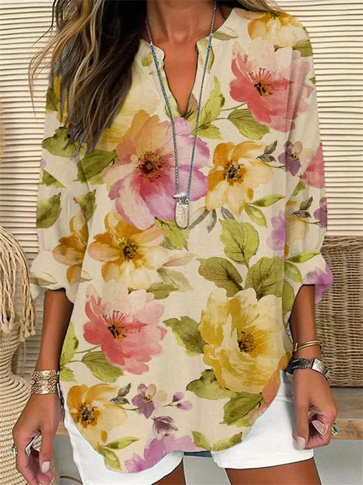 Big Size Women's Summer Small V-neck Long Sleeve Crushed Flower Casual Long Sleeve T-shirt