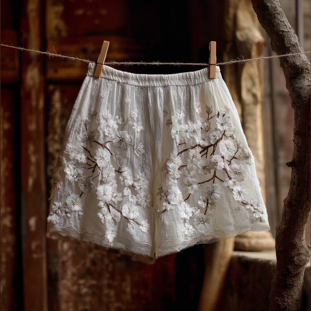 Vintage White Cherry Blossom Embroidery Art Blend Cotton Linen Loose Shorts elevenforest