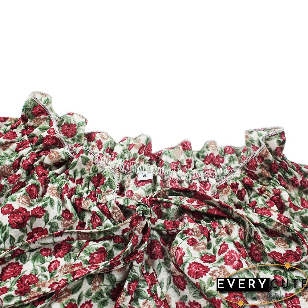 Pink Floral Print Lace-up Long Sleeve Dress