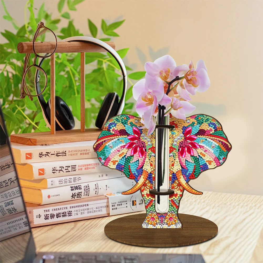 DIY Wooden Elephant Diamond Painting Flower Vase Ornaments for Home Office Decor