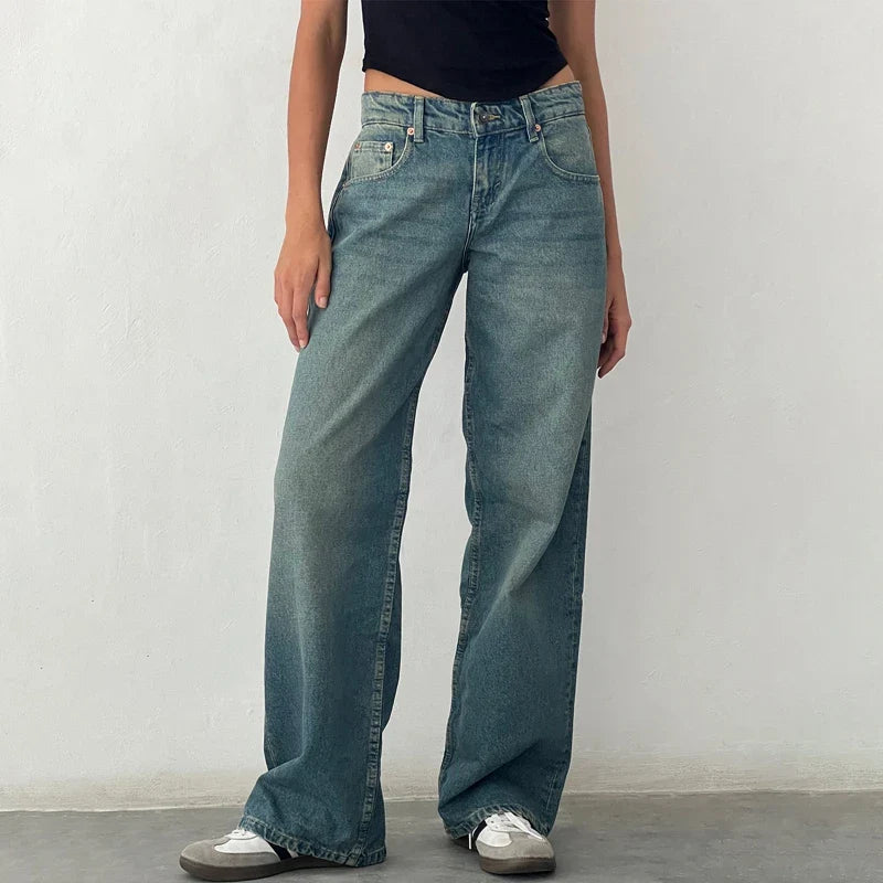 Aiertu Women Y2K Wide Leg Denim Pants Baggy Low Waist Boyfriend Jeans Casual Vintage Loose Fit Jeans Trousers Cyber Grunge Streetwear Aiertu