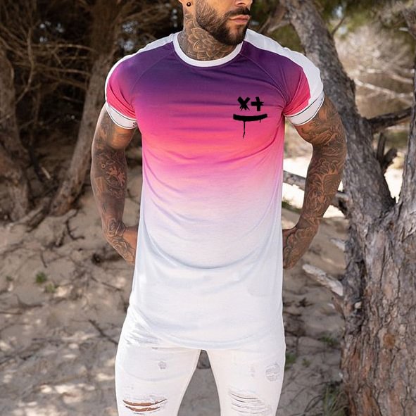 Smiley Face Color Matching Gradient Round Neck Short Sleeve T-shirt