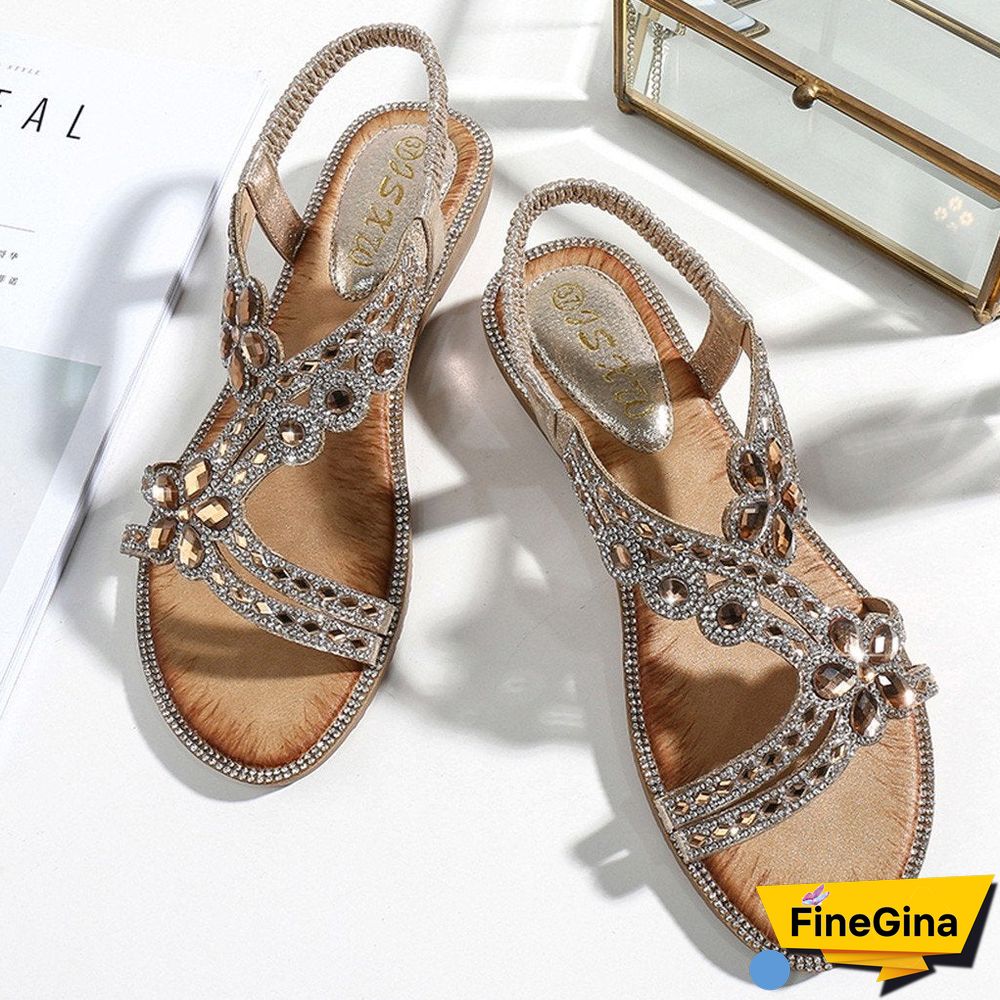 Women Bohemia Style Flats Sandals&nbsp;Bling Flower Crystal Beach Sandals Shoes