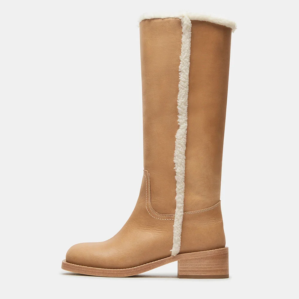 Tan Round Toe Furry Edge Slip On Knee-High Heel Boots for Women