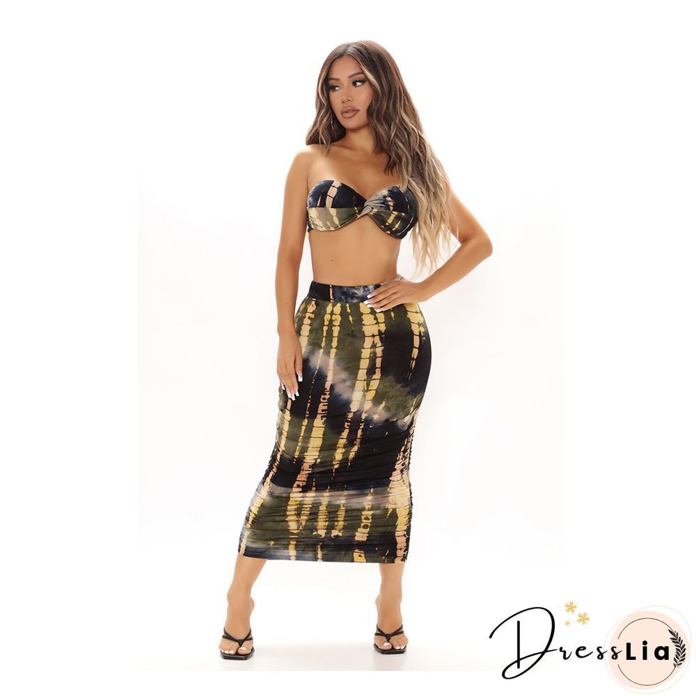 Summer Tie Dye Plus Size Fashion Clubwear Strapless Crop Top Maxi Skirts Women Sexy Two Piece Set