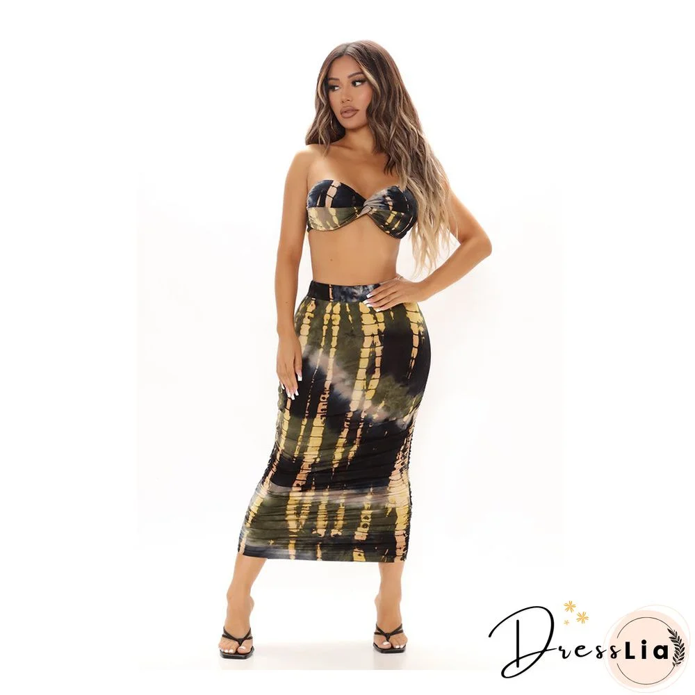 Summer Tie Dye Plus Size Fashion Clubwear Strapless Crop Top Maxi Skirts Women Sexy Two Piece Set