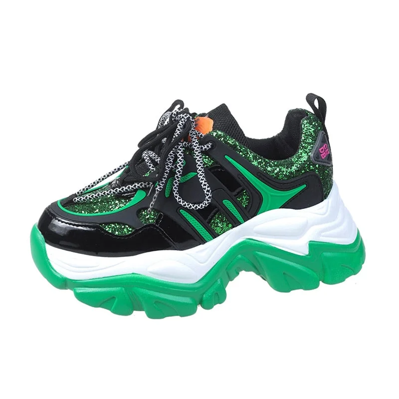 Green Glitter Basketball Sneakers For Women Fashion Platform Chunky Sneakers Woman 2022 Spring Thick Bottom Sports Shoes