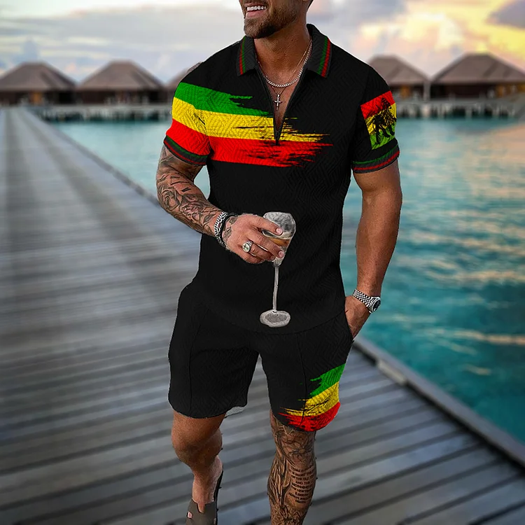 Broswear Reggae Striped Lion Flag Polo Shirt And Shorts Co-Ord