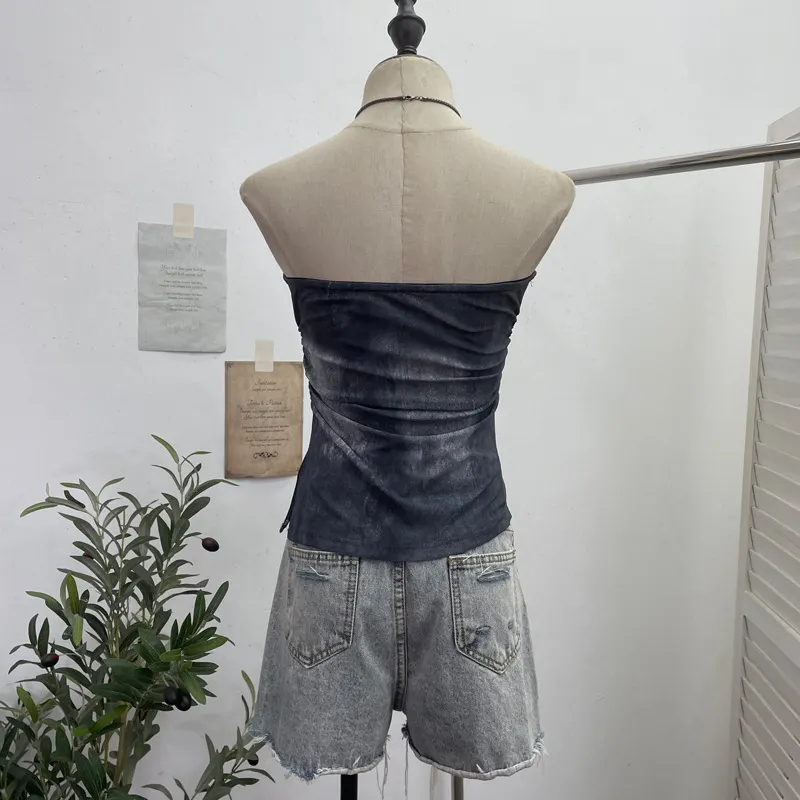 Nigikala Nigikala Shooting Denimed Tie-Dye Printing Mesh Yarn Tectar Tset With Chest Cushion Anti-Slip Vest Short Top 1255