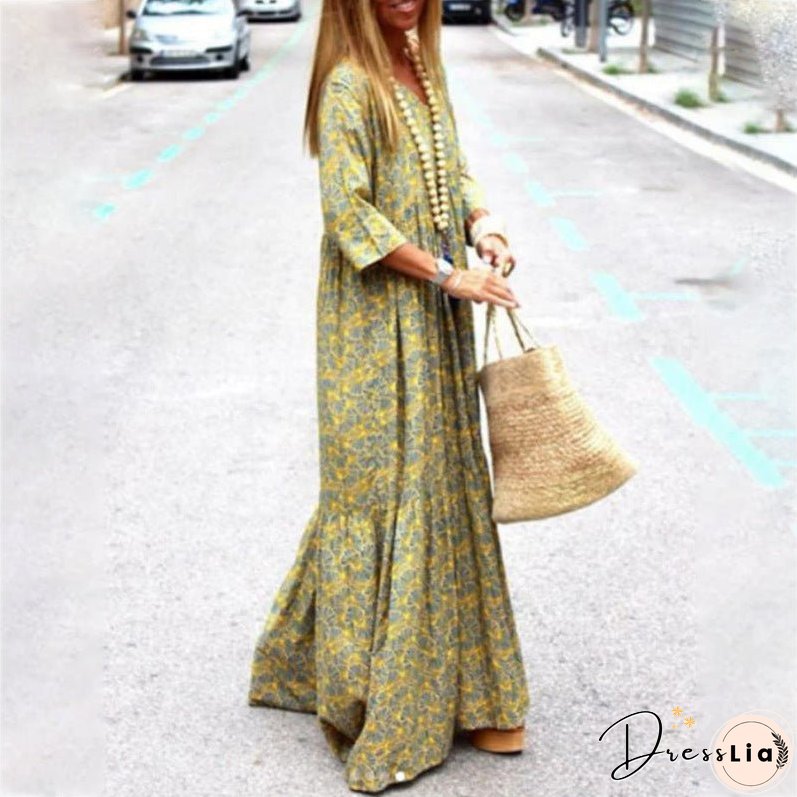 Autumn Spring New Long Sleeve Fashion Printed Bohemian Loose fitting Dress