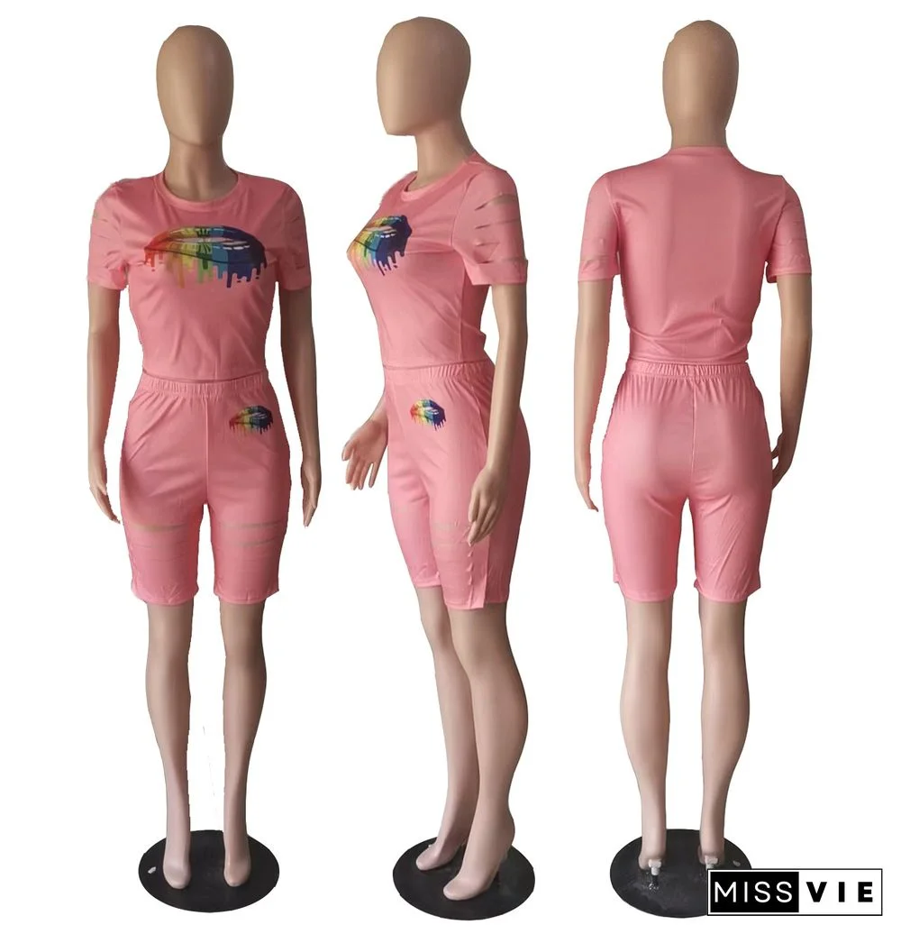 Casual Women Lip Print Cut Out Shorts Set 2pcs