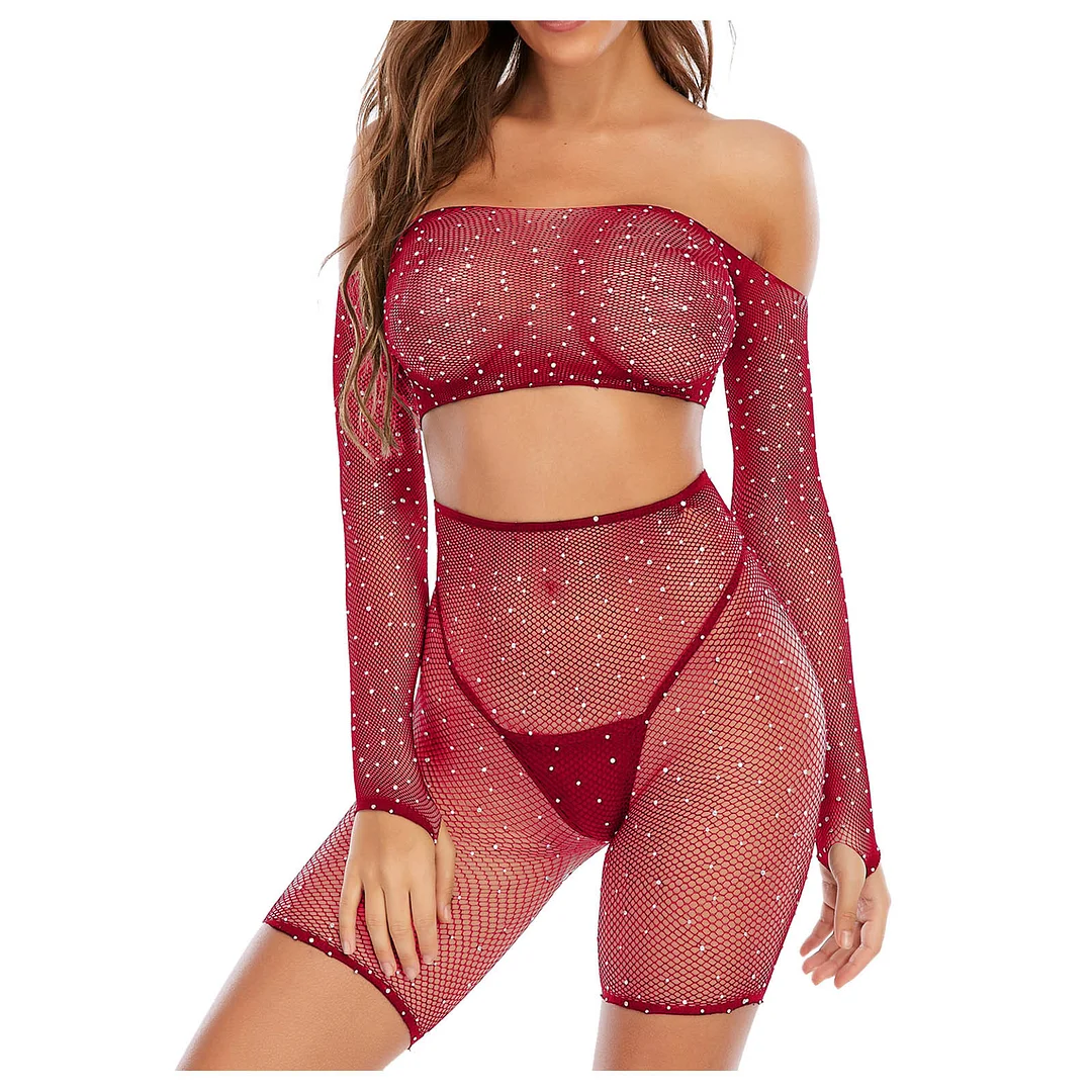 Billionm Plus Size Sensual Lingerie Woman Rhinestone Lace Bra Shorts Sexy Underwear Set Transparent Fishnet Sexy Lingerie Erotic Costumes