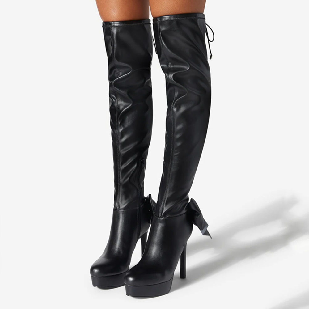 Stylish Black Closed Toe Back Bowknot High-Heel Platform Long Boots Nicepairs