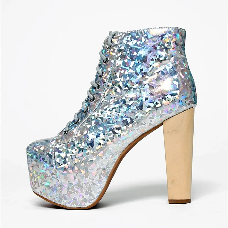 Silver Holographic Lace-Up Platform Ankle Booties with Chunky Heels Vdcoo