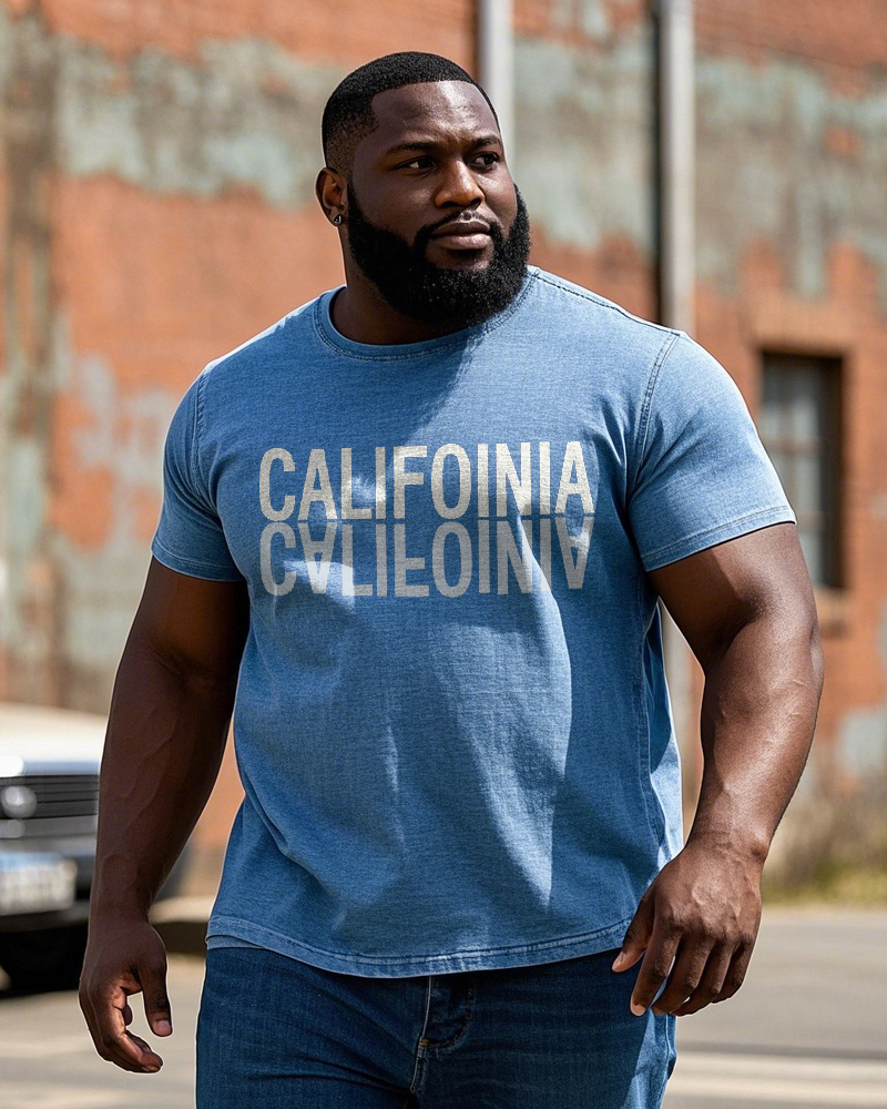 Men's Street Fashion CALIFOINIA Symmetry Letter Printed Washed Denim Big & Tall Short Sleeve T-Shirt