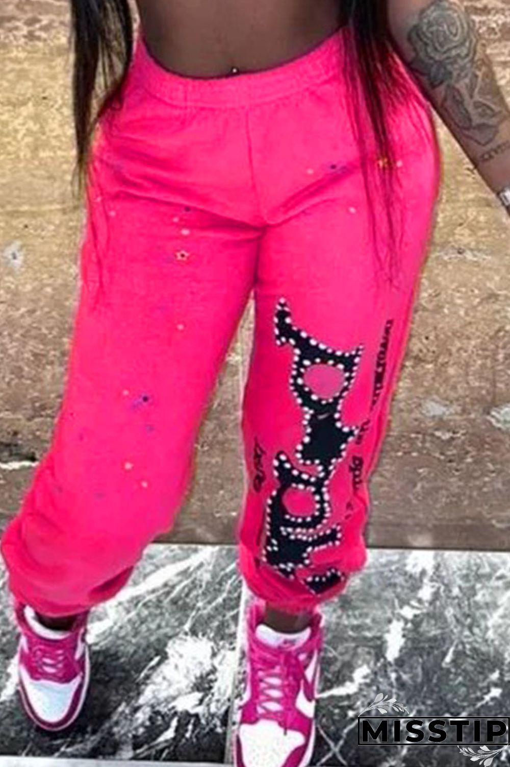 Rose Red Casual Letter Print Patchwork Regular High Waist Conventional Positioning Print Trousers