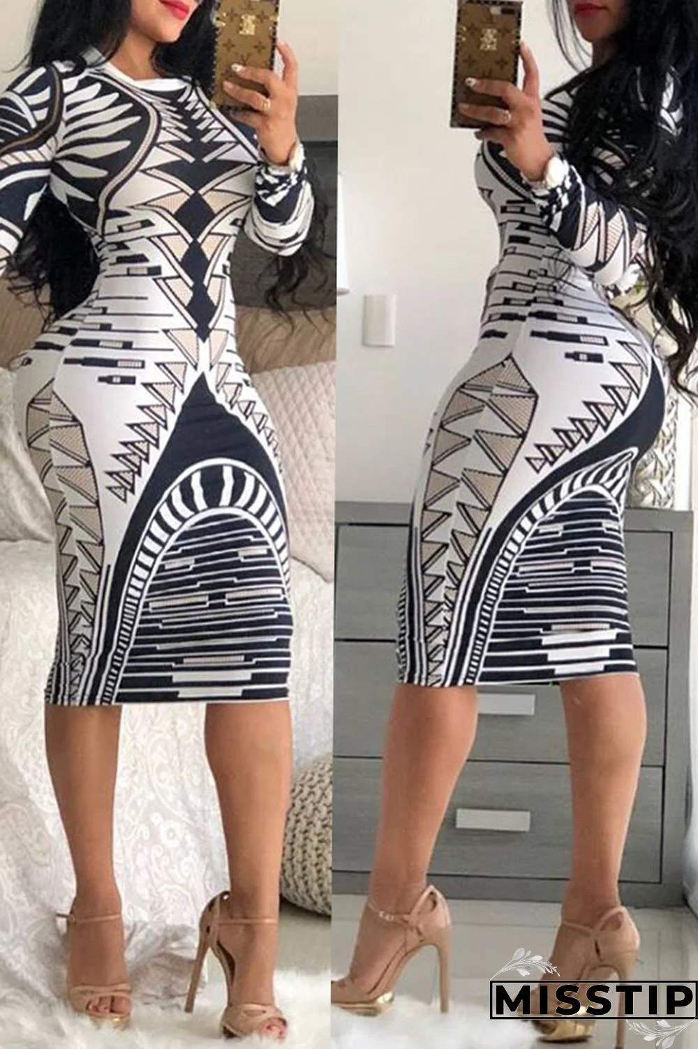 White Casual Geometric Printed Slim Knee Length Dress
