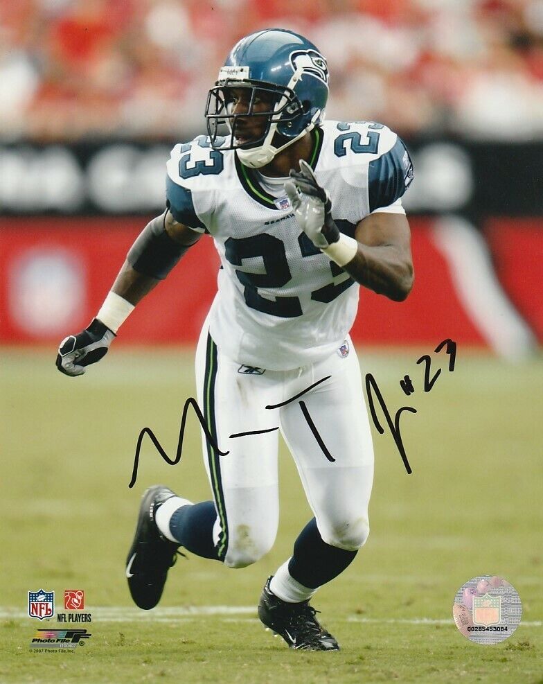 MARCUS TRUFANT SIGNED SEATTLE SEAHAWKS FOOTBALL 8x10 Photo Poster painting #1 NFL AUTOGRAPH