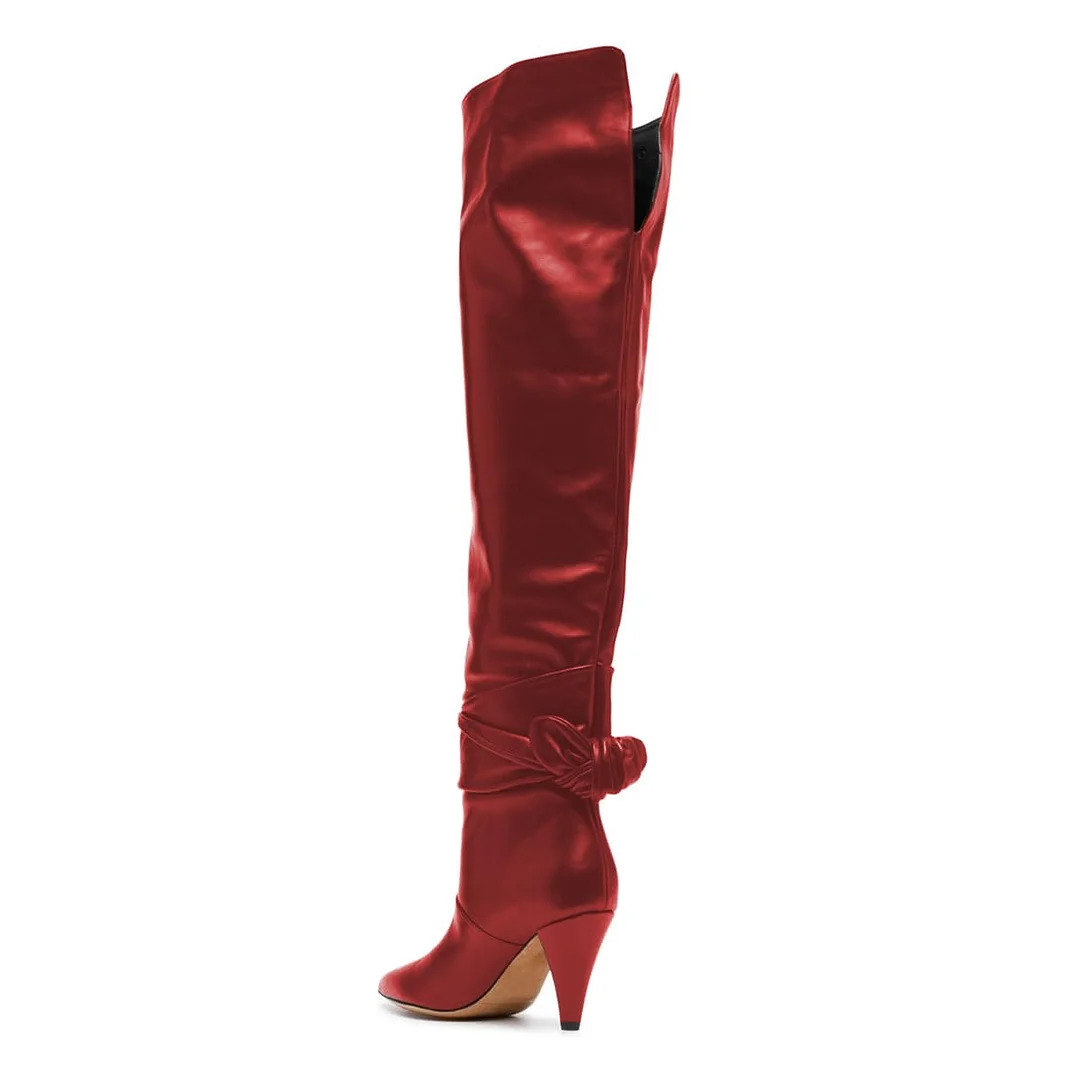 Red Pointed Toe Knotted Strappy Cone Heel Over-the-Knee Boots