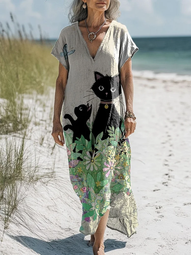Women's Vintage Playful Cat Floral Art Print Pocket Cotton Dress