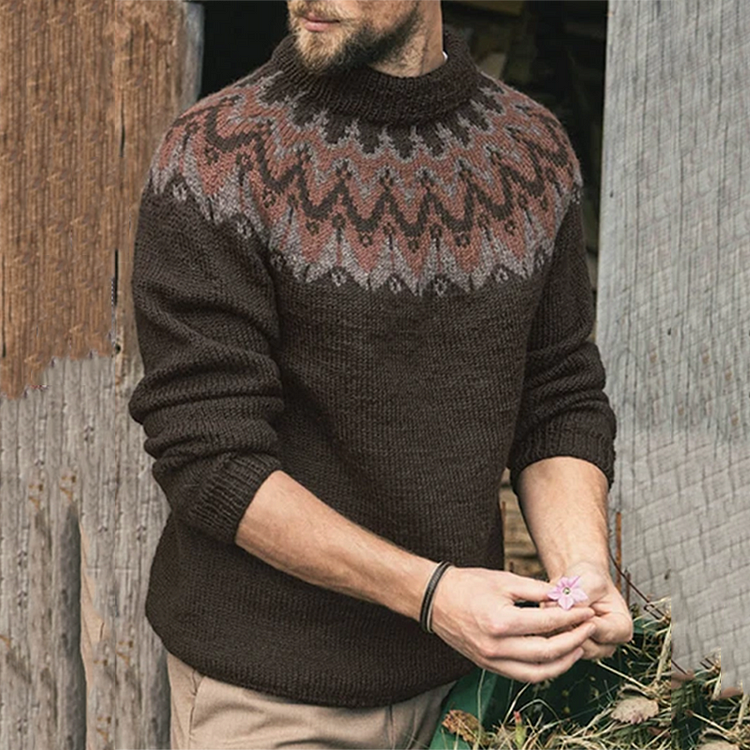 Comstylish Men's Vintage Tourist Island Knit Jacquard Crew Neck Sweater