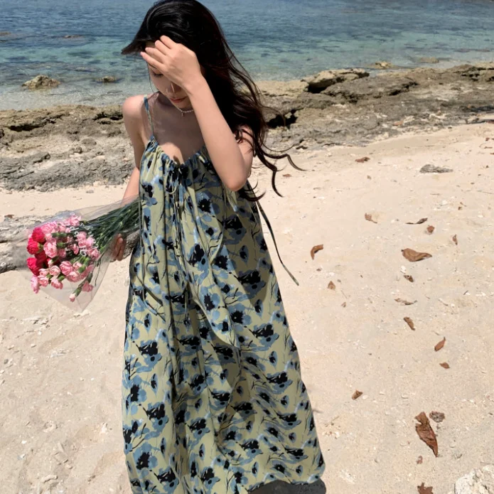 Churchf Churchf French Dress Female Spring And Summer Loose Design Sense Small Green Condole Skirt Seaside Vacation Long