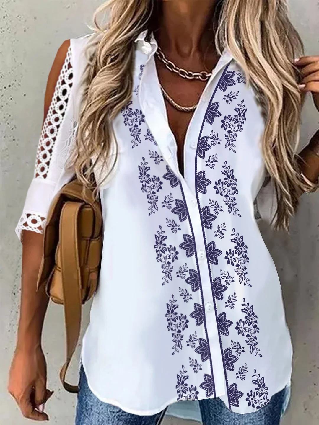 Romantic Vacation Floral Buttoned Loosen Shirt Collar Mid Sleeve Blouse