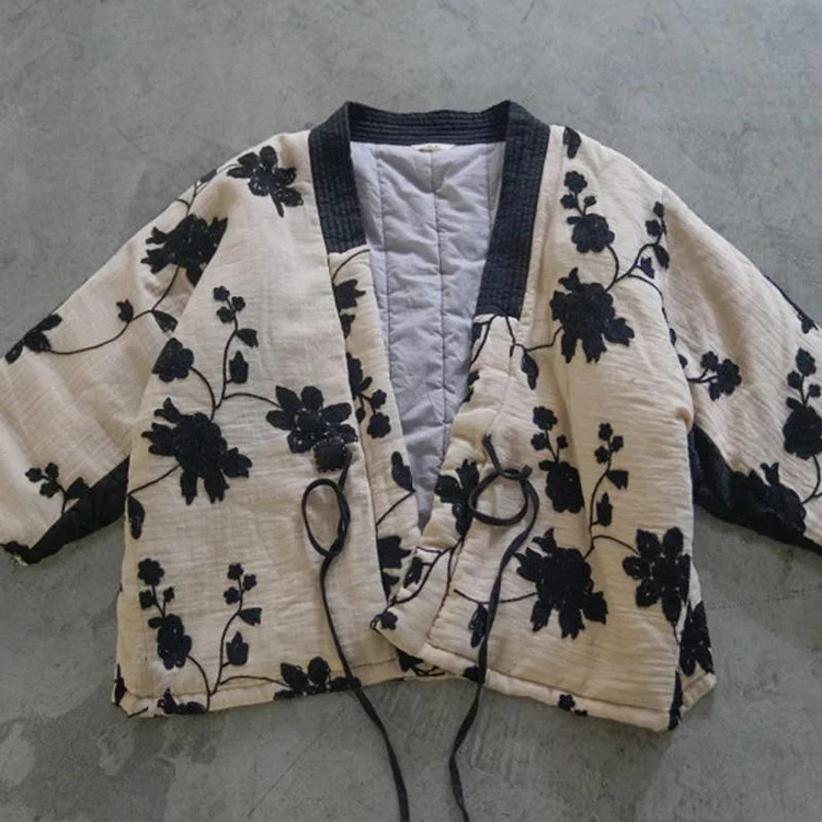 Winter Warm Cotton Padded Retro Floral Embroidery Coat