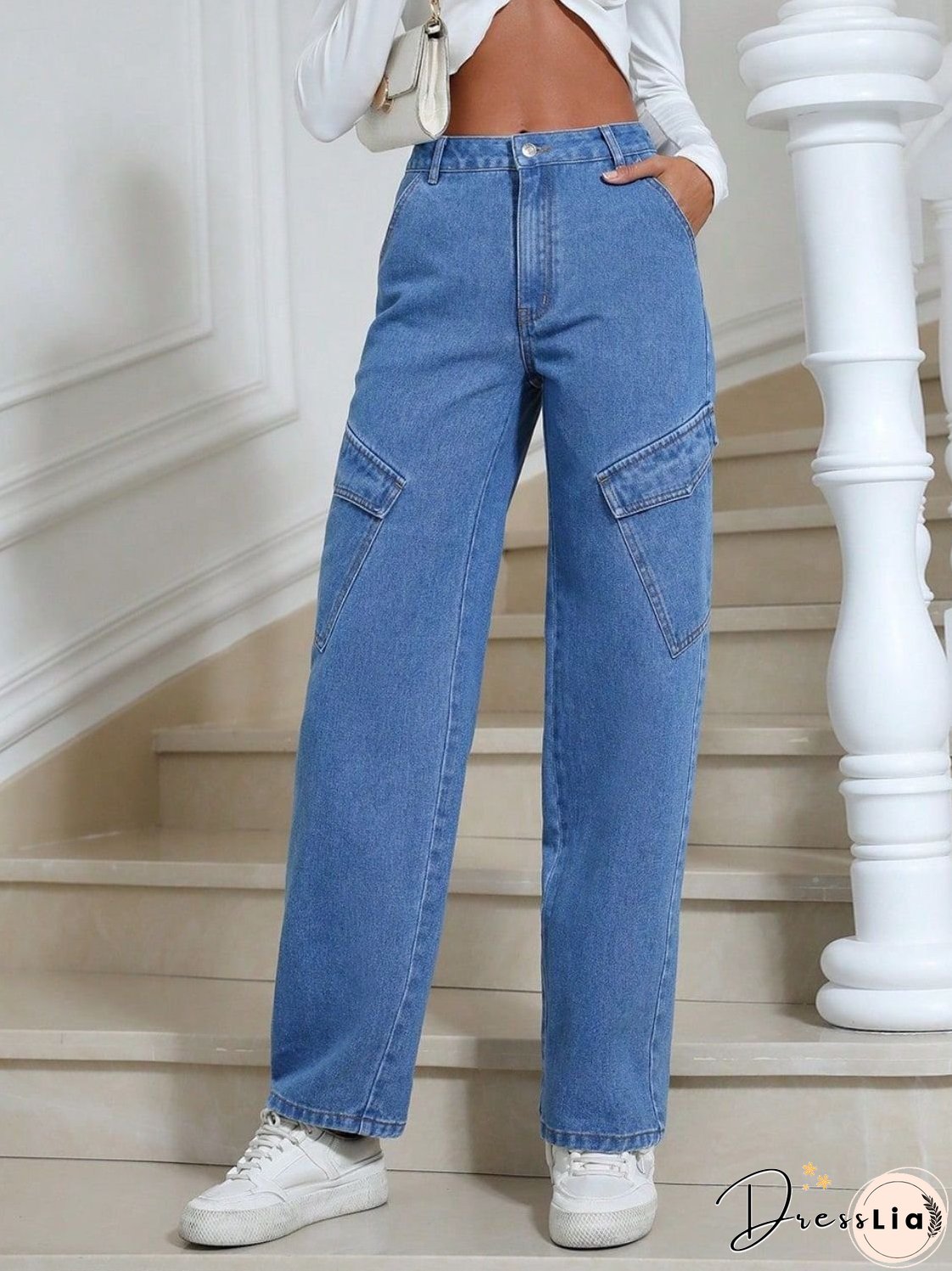 High Waist Straight Leg Jeans with Pockets