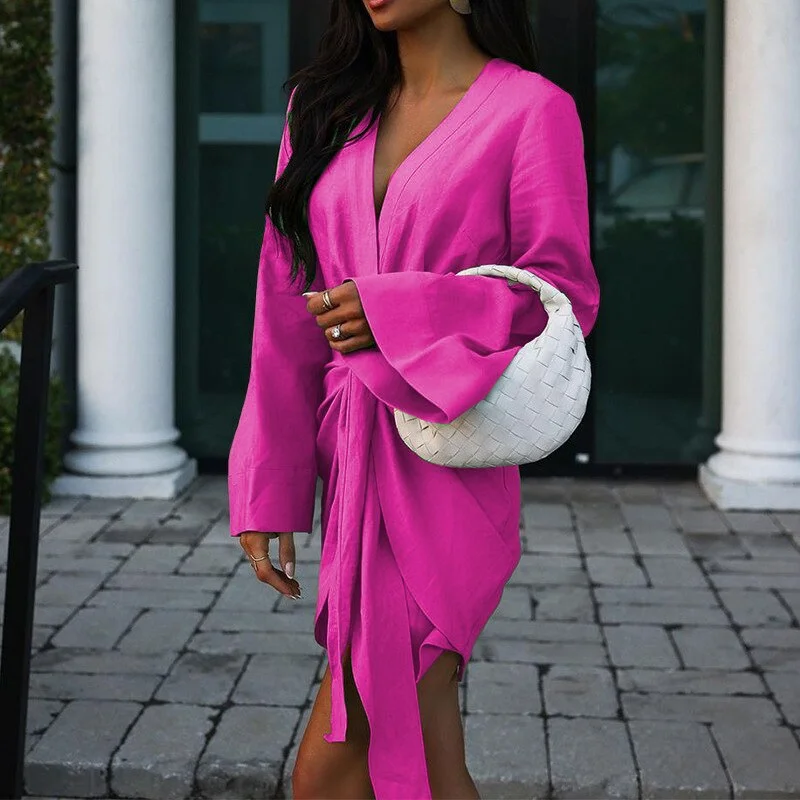 Elegant Women Solid Hollow Party Dresses Retro Ladies V Neck Long Sleeve Mini Dress 2023 New Spring Draped Lace-up Office Dress