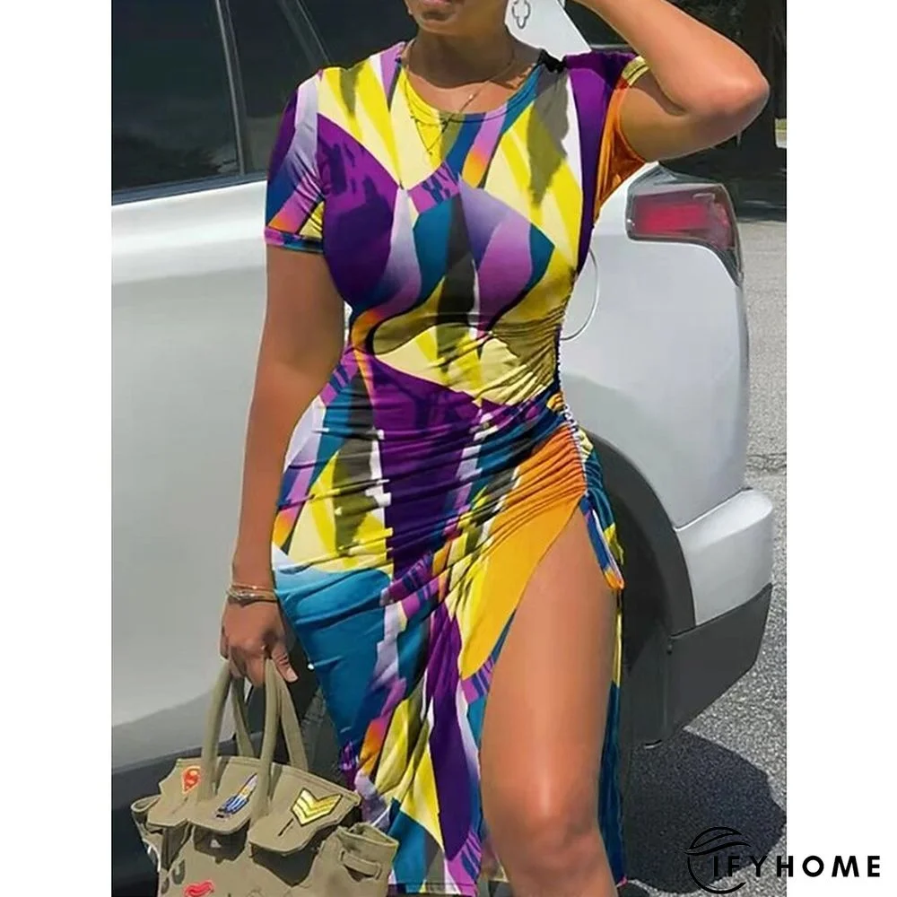 Women's T Shirt Dress Casual Dress T Shirt Dress Tee Dress Leopard Ombre Split Print Crew Neck Midi Dress Active Modern Daily Going out Short Sleeve Slim Light Yellow Black Yellow Summer Spring S M L | IFYHOME