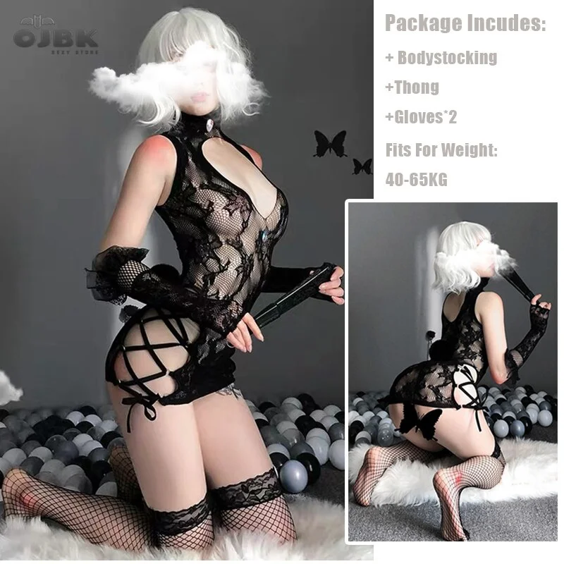 Billionm OJBK Open Chest Temptation Retro Lace Side Strap Bodysuit With Flower Pattern Erotic Lingerie Stretch Mesh Body Stockings New