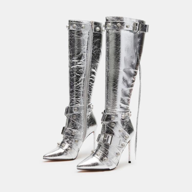 GOOSHOE Rivet Knee Length Buckle Tassel Boots Spicy Girl Motorcycle Side Zipper Boots