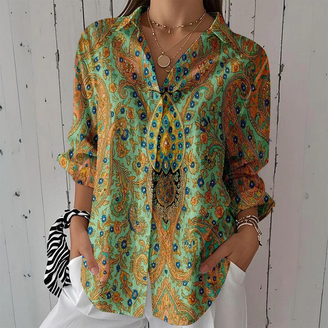 Style & Comfort for Mature Women Women Retro, Green, Yellow DZCL0345 3/4 Sleeve Shirt Collar Printed Button Tops