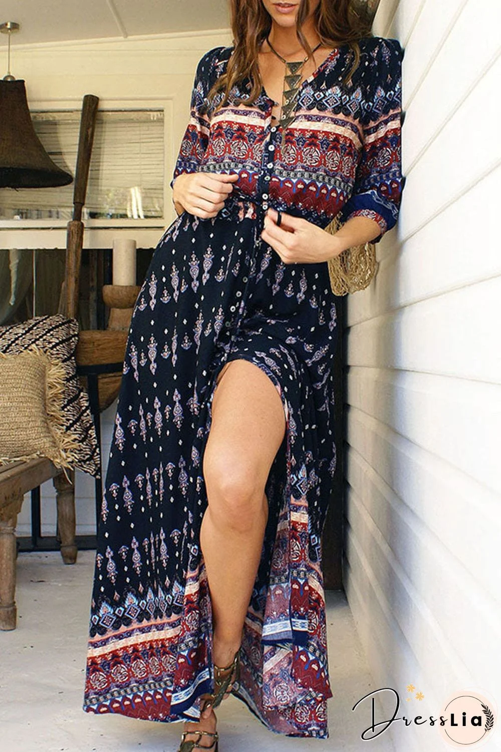 Fashion Street Print Split Joint V Neck Printed Dresses(4 Colors)