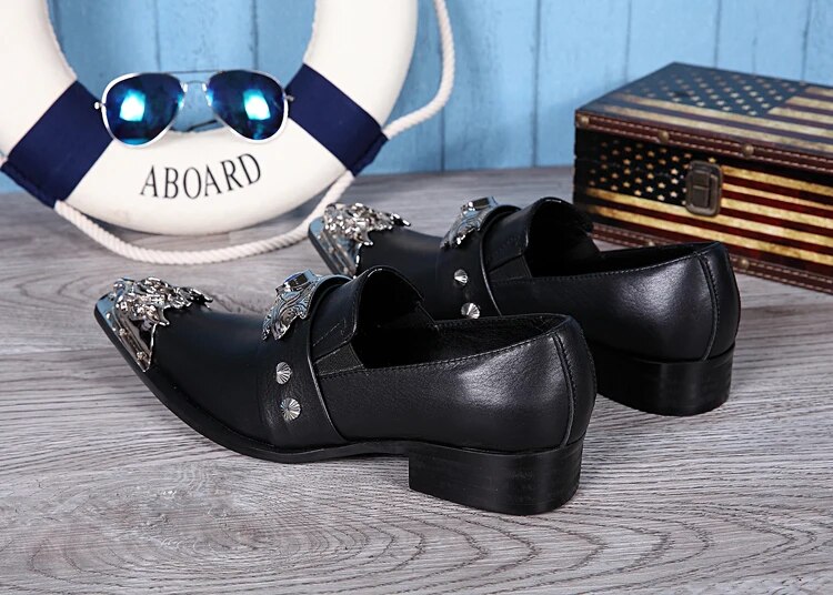 VCSHOES Italian Style Man Metal Decoration Black Genuine Leather Shoes Party Dress Male Pointed Toe Shoes Man Prom Shoes