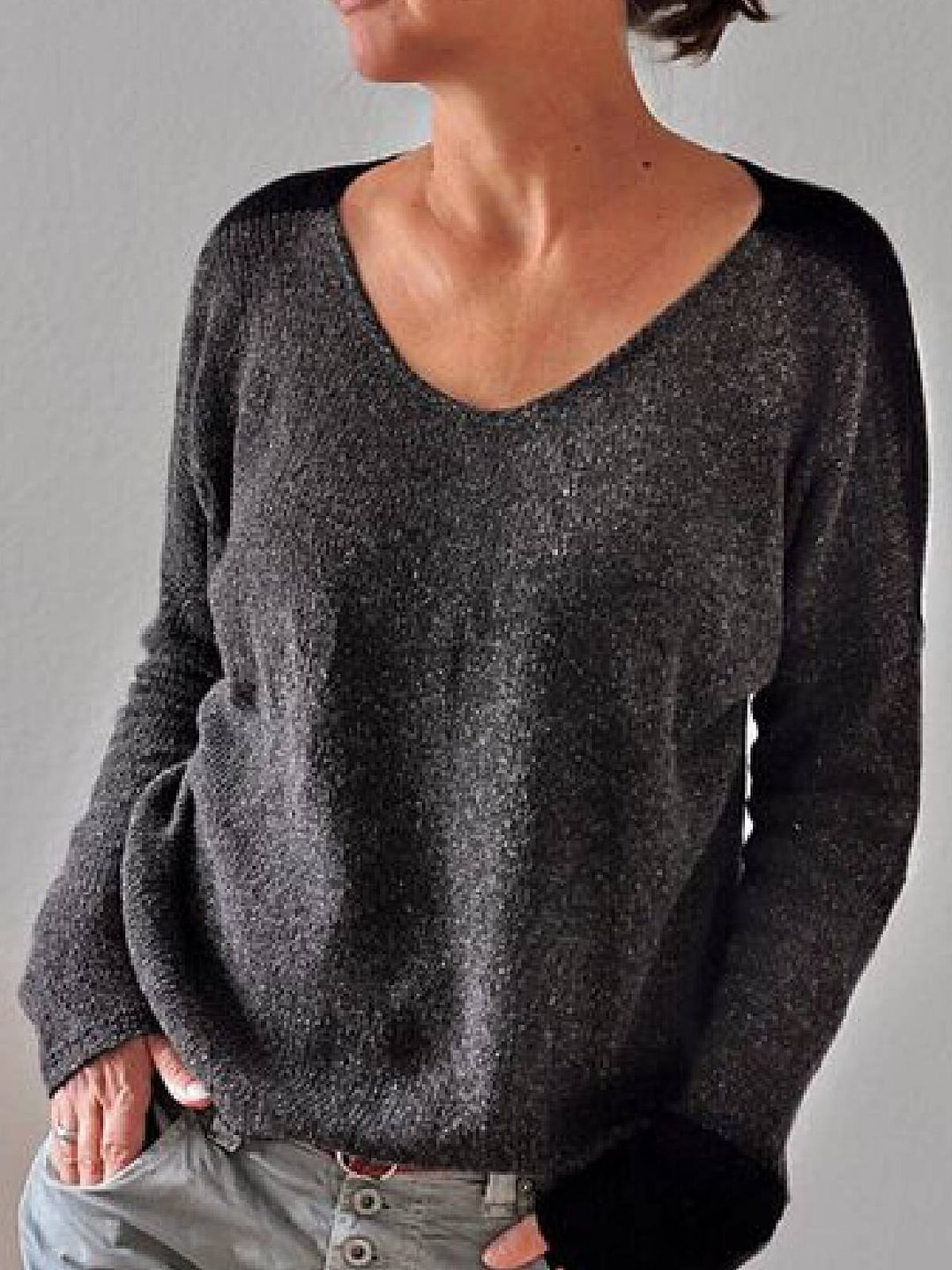 Black Casual V Neck Long Sleeve Sweater | EGEMISS