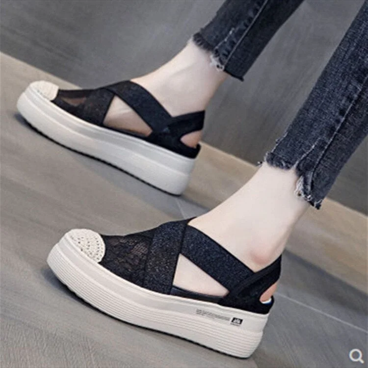 Summer Women Sandals 2021 New Casual Cutouts Lace Canvas Shoes Hollow Floral Breathable Platform Flat Sandals Zapatos De Mujer