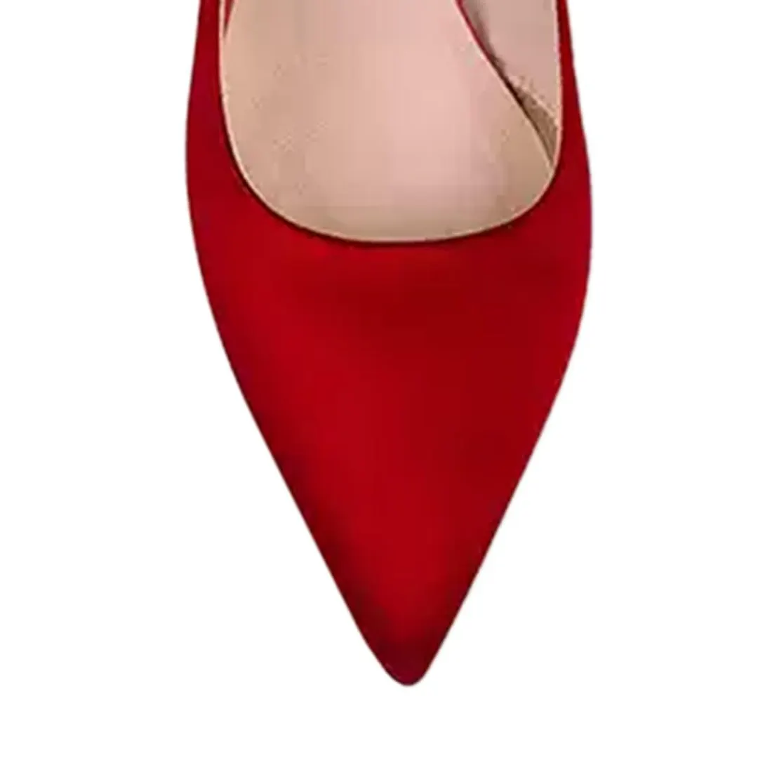 YDN Red Satin Pointed Toe Pearl Decor Bow Classic Pumps Heels