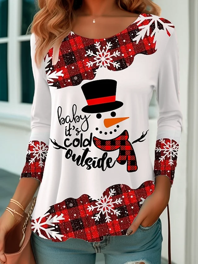 Women's T shirt Tee Christmas Shirt Yellow Red Blue Snowman Print Long Sleeve Party Christmas Weekend Festival / Holiday Christmas Round Neck Regular Fit Painting Spring &  Fall
