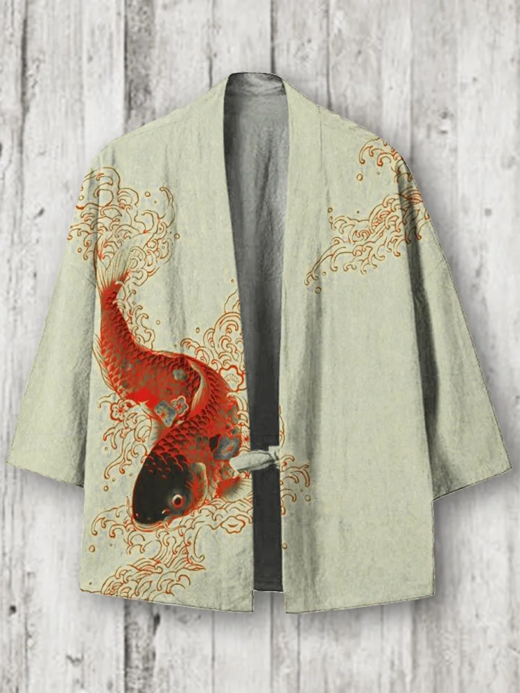 Comstylish Lucky Koi & Wave Print Linen Kimono