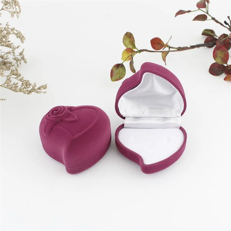 Jungloto	 1PC Lovely Velvet Heart Shaped Flower Double Ring Box Jewelry Display Case Holder Wedding Gift Boxes Jewelry Organizer Container Jewelry Boxes